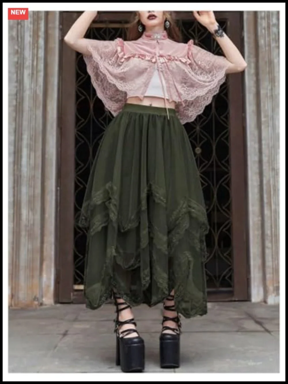 Lace Trim Layered Mesh Tulle Asymmetrical Goth Maxi Skirt High Waist